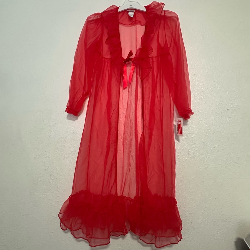 Vintage Laura dare Sheer Red Ruffled Long Robe with Tie Closure dressing gown